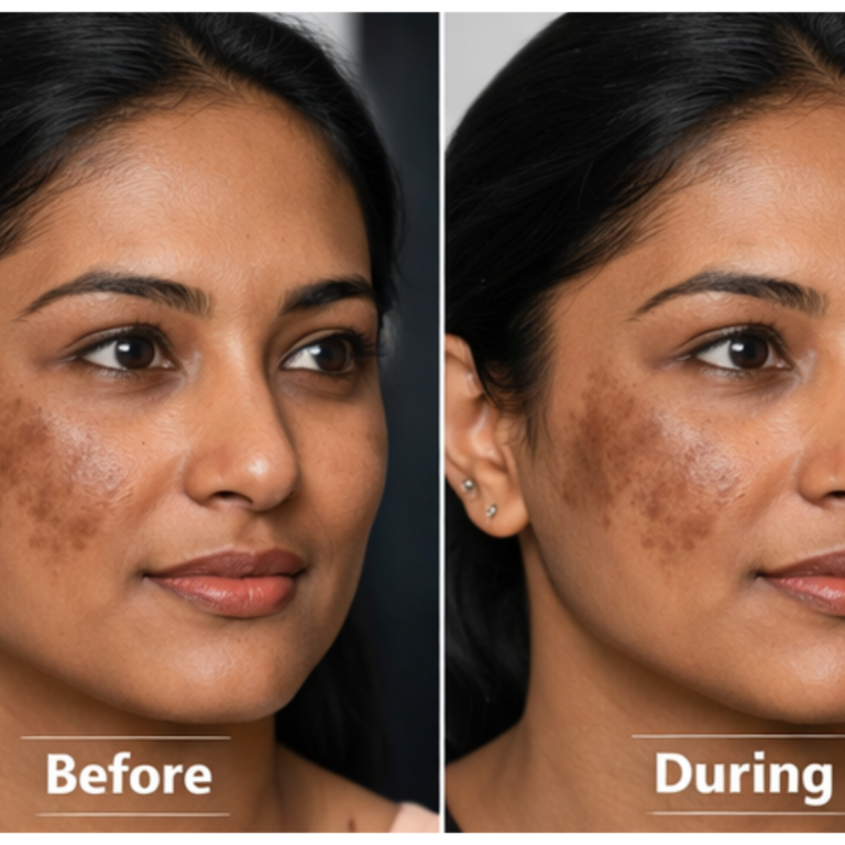 Melasma treatment progression in brown skin showing how pigmentation may appear darker during early treatment stages before gradual improvement. it explains Why Pigmentation Looks Darker Before It Improves