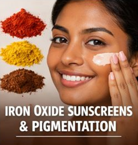 Brown-skinned woman applying iron oxide sunscreen, illustrating protection against visible light–induced pigmentation.