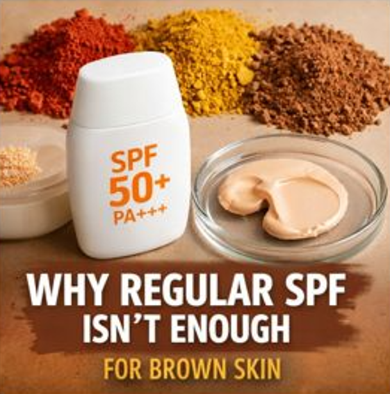 Iron oxide pigments beside SPF sunscreen, showing why regular sunscreen alone is not enough for brown skin.