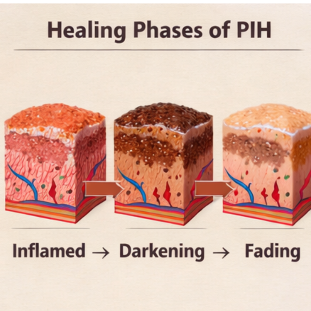 Healing phases of post-inflammatory hyperpigmentation (PIH) demonstrating inflamed skin progressing to darkening and eventual fading.