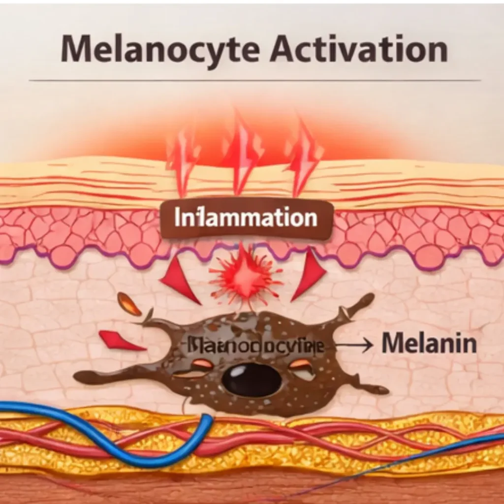 Diagram of melanocyte activation due to inflammation, explaining how inflammatory signals increase melanin production in deeper skin layers.