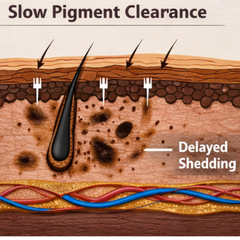 Cross-section of skin showing slow pigment clearance in brown skin, highlighting delayed shedding of melanin during the healing process.