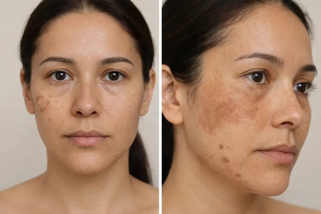 Close-up of Asian woman with melasma patches and post-inflammatory hyperpigmentation on the cheeks, highlighting how pigmentation behaves differently in Asian skin tones.