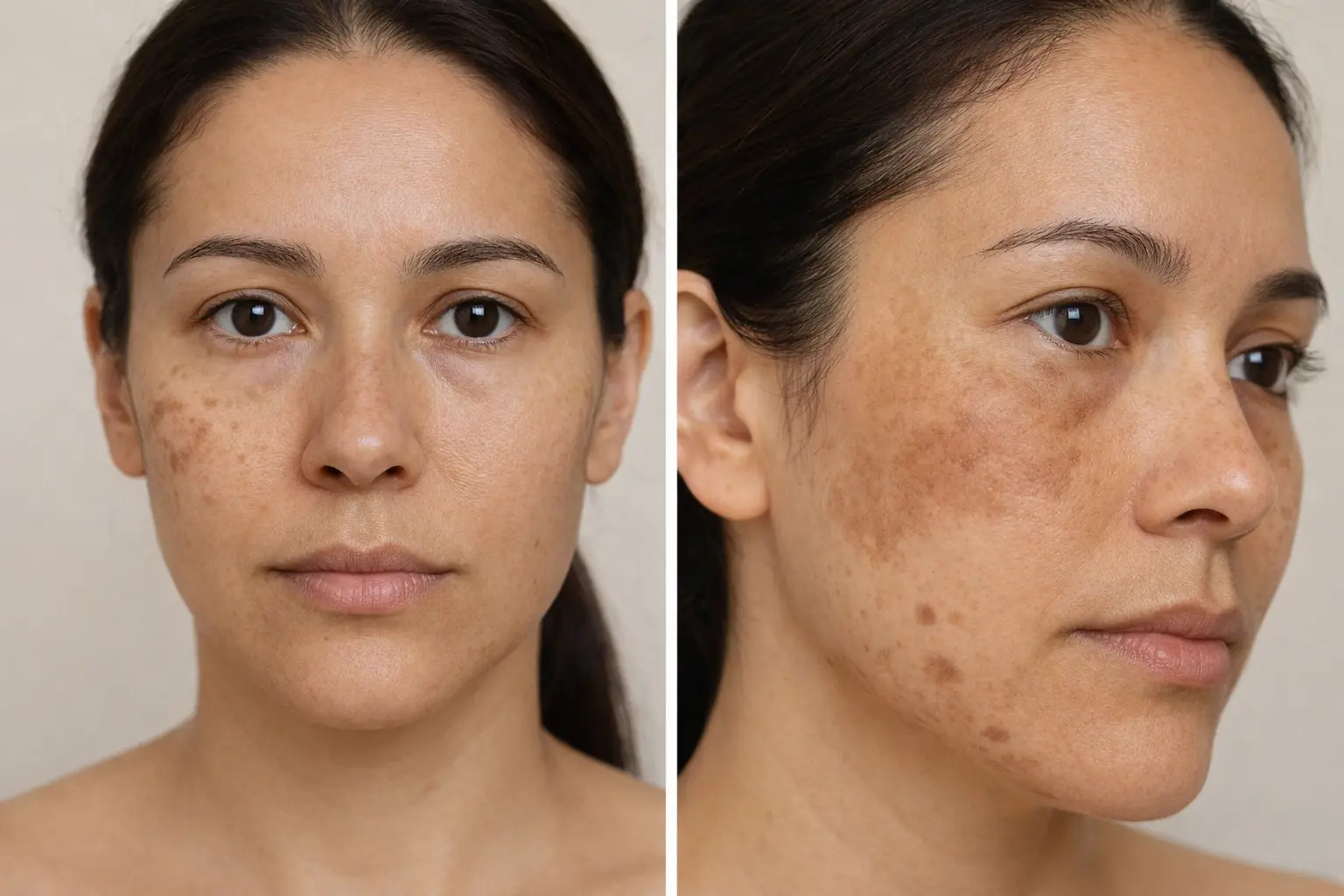 Close-up of Asian woman with melasma patches and post-inflammatory hyperpigmentation on the cheeks, highlighting how pigmentation behaves differently in Asian skin tones. Tranexamic Acid vs Alpha Arbutin
