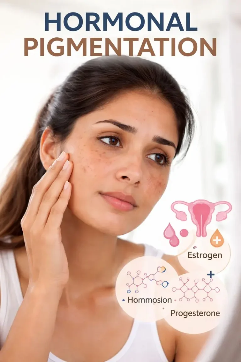 Woman with facial melasma examining her skin, illustrating hormonal pigmentation influenced by estrogen and progesterone imbalance.