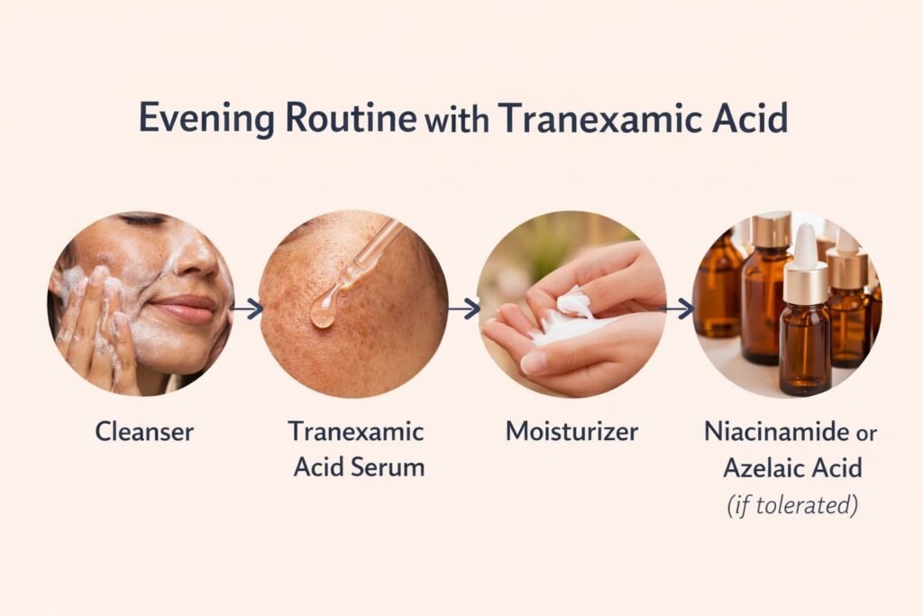 Illustrated evening skincare routine showing cleanser, tranexamic acid serum, moisturizer, and optional niacinamide or azelaic acid for treating melasma and hyperpigmentation.