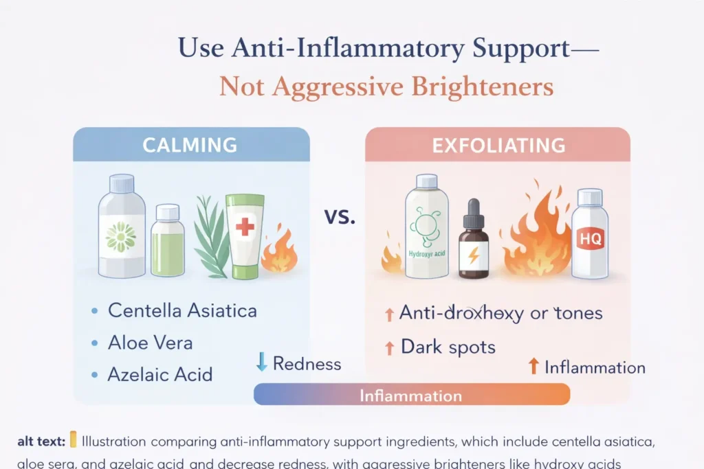 Infographic comparing anti-inflammatory skincare support with aggressive brighteners, showing calming ingredients that reduce redness and inflammation versus harsh exfoliating agents that can worsen irritation and dark spots in pigmentation-prone skin.