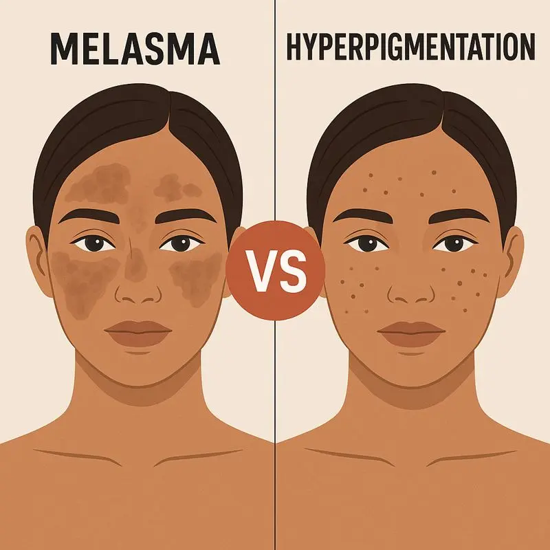 Illustrated comparison of melasma vs hyperpigmentation showing a woman with symmetrical brown melasma patches on one side of the face and scattered dark hyperpigmentation spots on the other side, separated by a VS label.