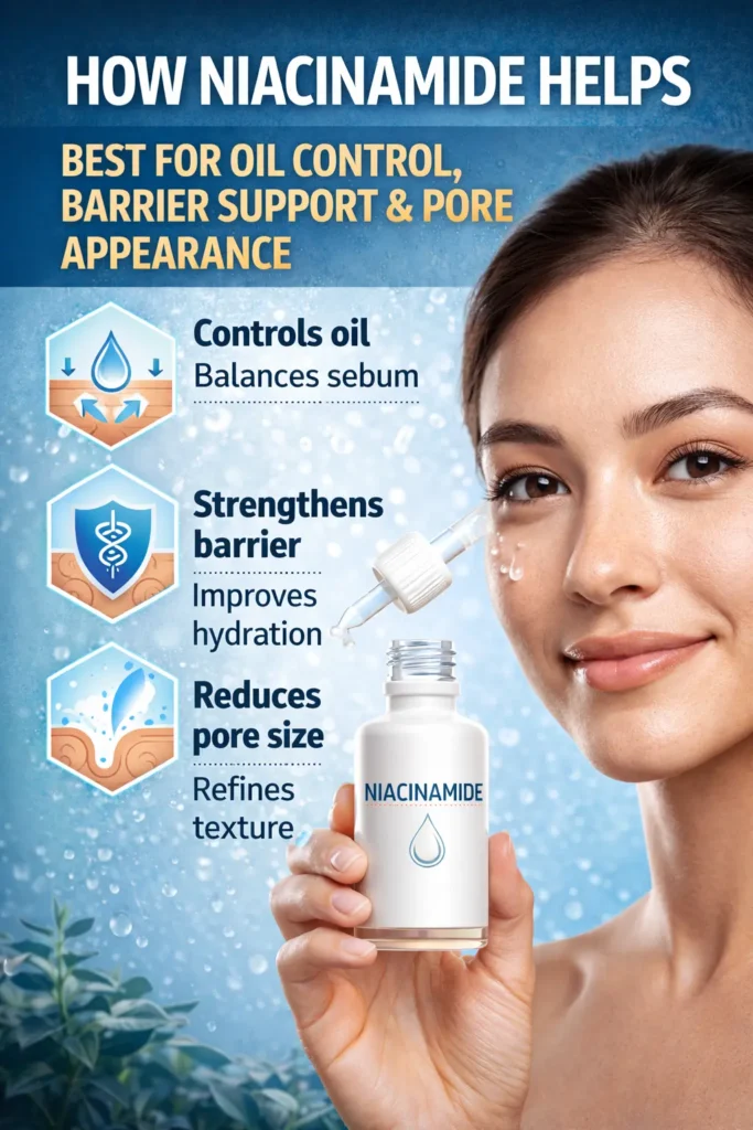 Niacinamide serum infographic showing benefits for open pores, oil control, skin barrier repair and smoother texture