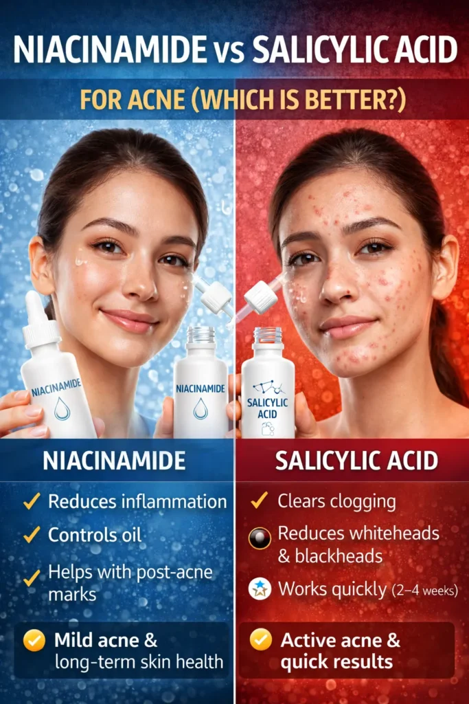 Niacinamide vs salicylic acid for acne comparison showing benefits for oily skin, clogged pores, and breakouts