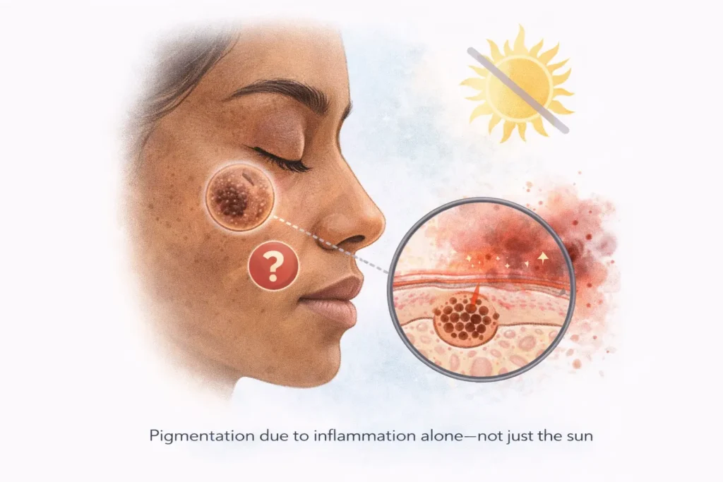 Illustration showing facial pigmentation caused by low-grade skin inflammation rather than sun exposure, with a magnified view of inflamed skin layers stimulating melanin production and a crossed-out sun icon indicating non-UV triggers.