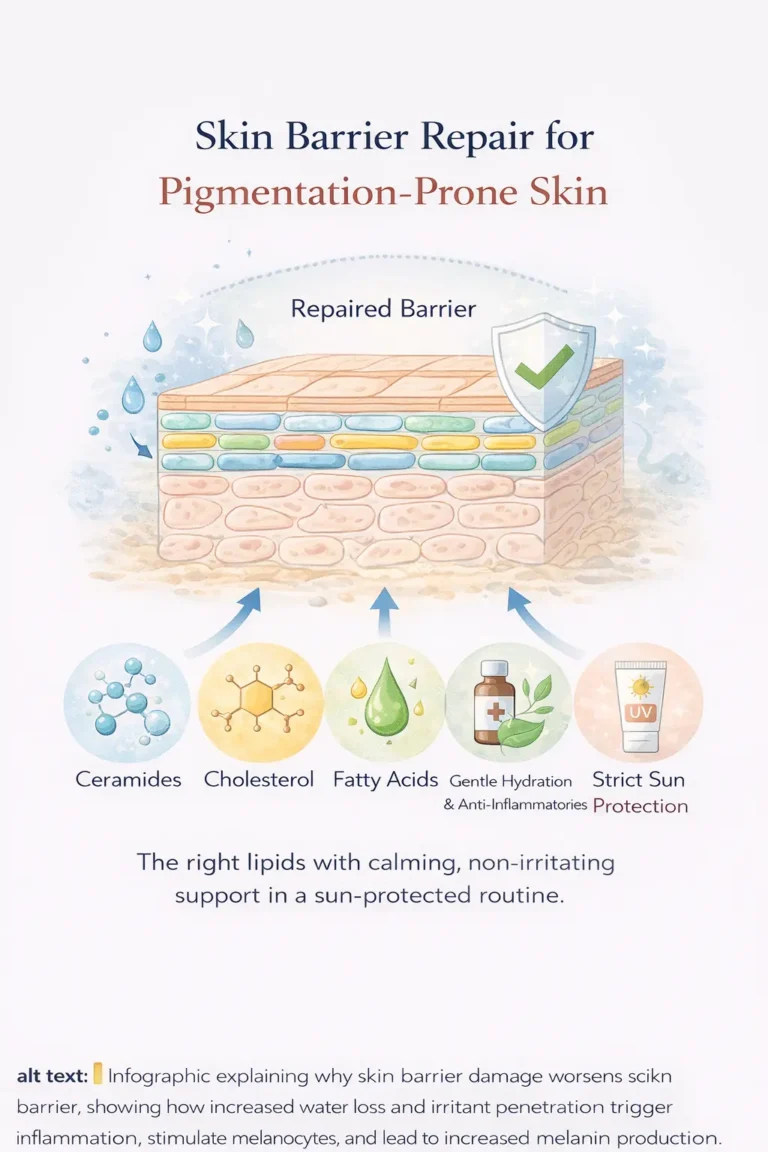 Infographic illustrating skin barrier repair for pigmentation-prone skin, highlighting ceramides, cholesterol, fatty acids, gentle hydration with anti-inflammatory support, and strict sun protection to restore and maintain a healthy skin barrier.