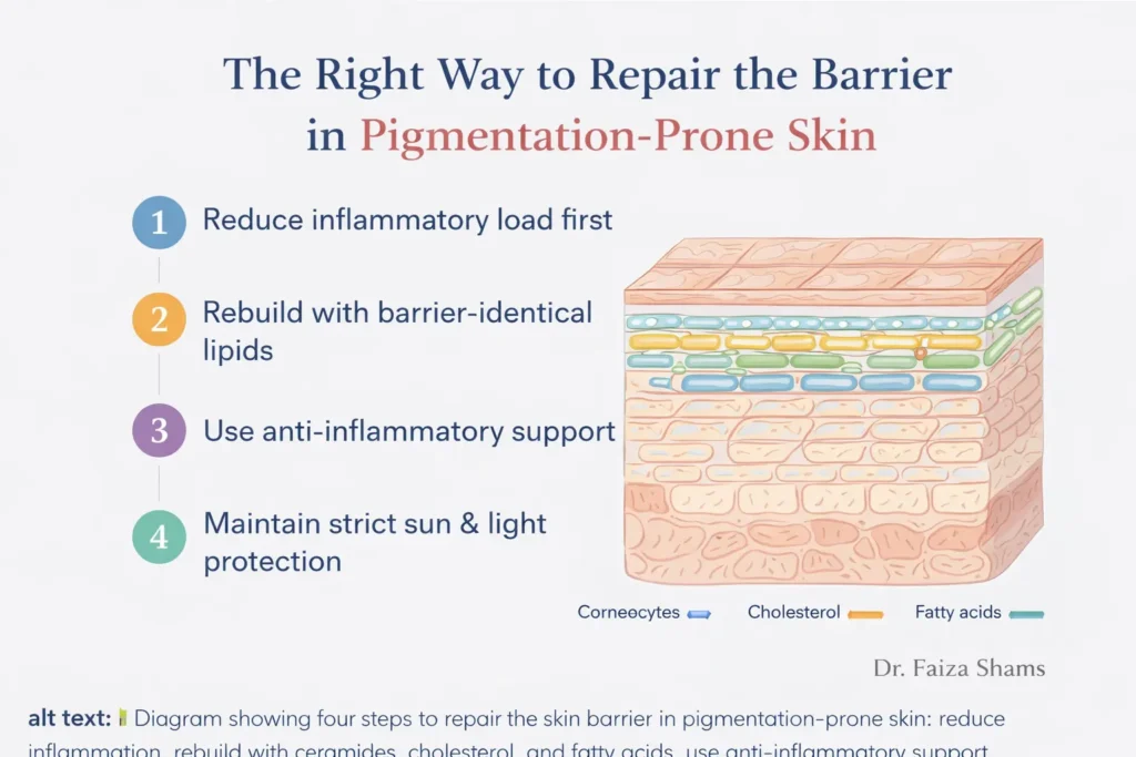 Diagram illustrating the right way to repair the skin barrier in pigmentation-prone skin, showing steps to reduce inflammation, rebuild with ceramides, cholesterol, and fatty acids, use anti-inflammatory support, and maintain strict sun and light protection.