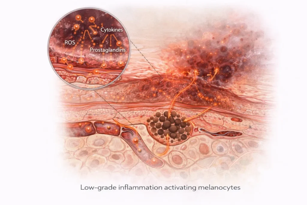 Realistic cross-sectional medical illustration showing how low-grade skin inflammation releases cytokines, prostaglandins, and reactive oxygen species that activate melanocytes and increase melanin production, leading to inflammation-induced pigmentation.