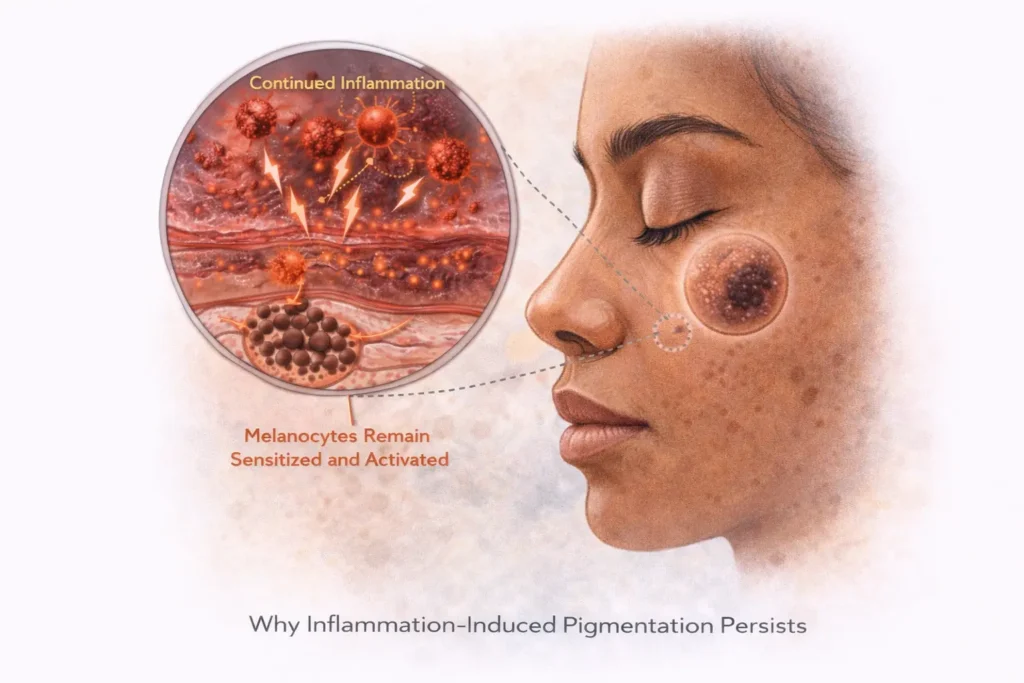 Medical illustration showing why inflammation-induced pigmentation persists, with repeated inflammatory signals keeping melanocytes activated and continuous melanin transfer leading to long-lasting dark spots despite removal of the original trigger.