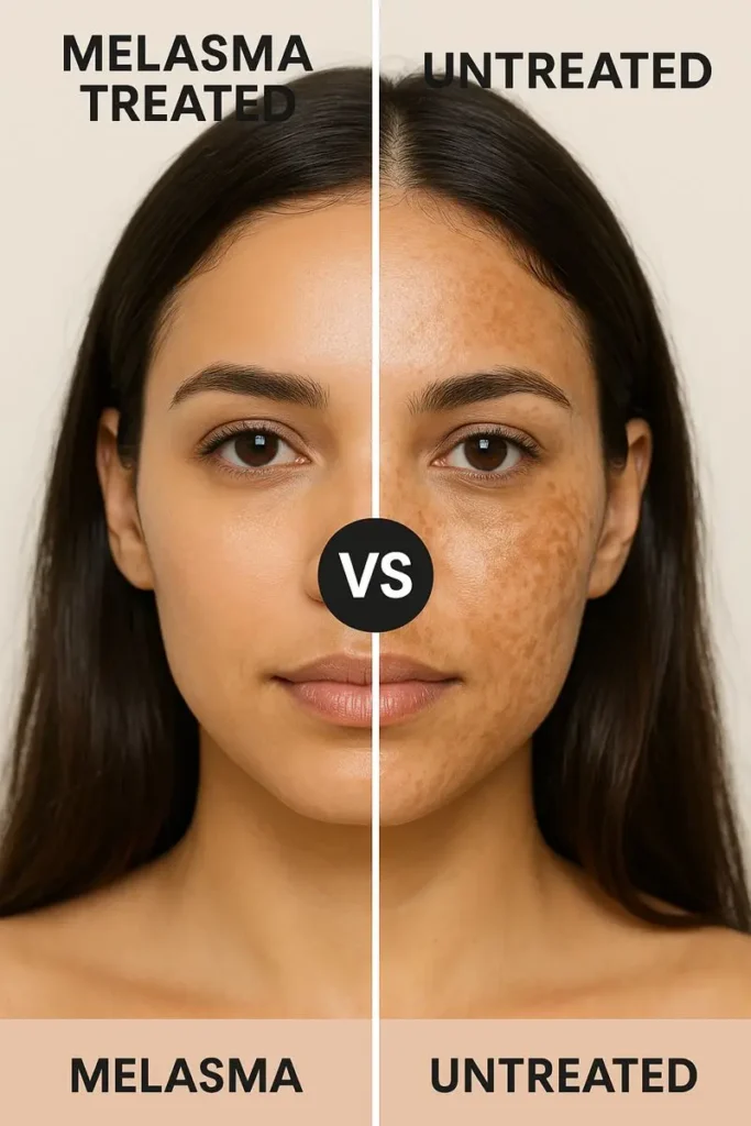 a woman showing melasma treated skin on one side with smooth, even tone and untreated melasma on the other side displaying dark brown patches and uneven pigmentation.