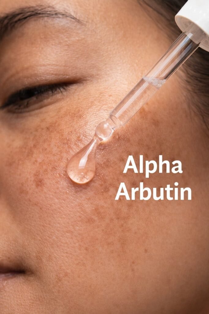 Close-up of alpha arbutin serum being applied to melasma-prone skin, showing topical treatment for hyperpigmentation and dark spots.