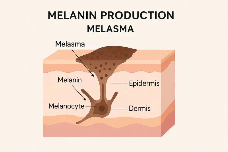 Illustration of melasma showing excess melanin in the epidermis and dermis with labeled skin layers, demonstrating how melasma forms as dark brown patches on the skin.