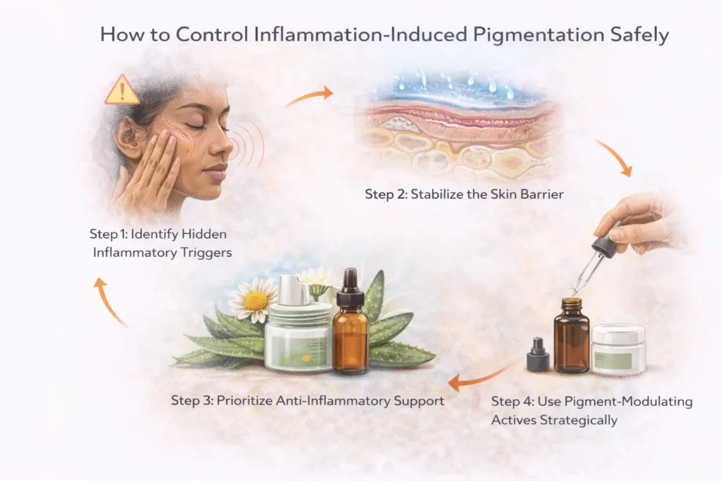 Medical-style illustration showing how to control inflammation-induced pigmentation safely, highlighting steps to identify inflammatory triggers, calm the skin, repair the skin barrier, and gradually introduce pigment-modulating actives without causing irritation.