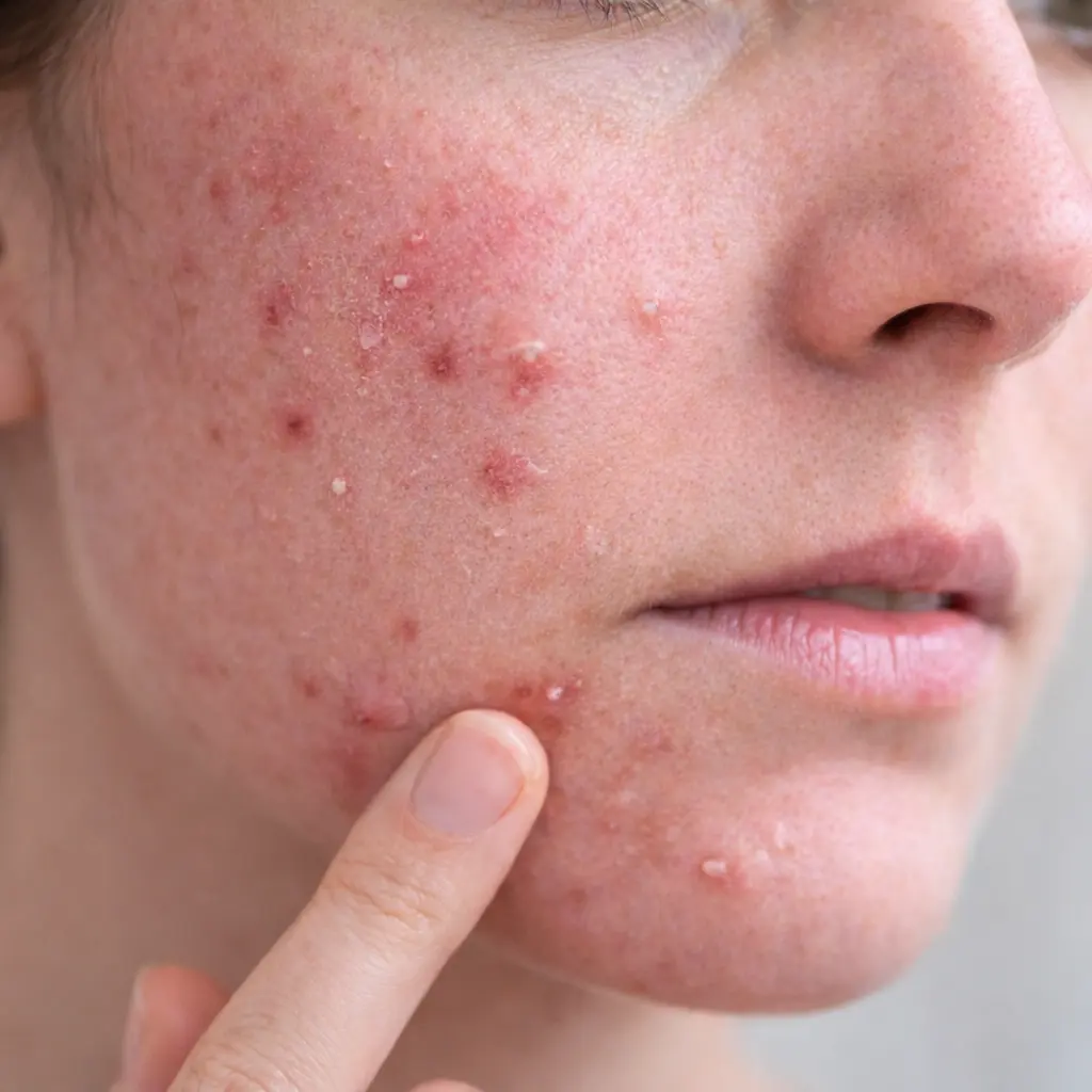 Close-up of facial skin showing inflamed breakouts, redness, and rough texture, indicating acne flare-ups and irritation caused by a damaged skin barrier.