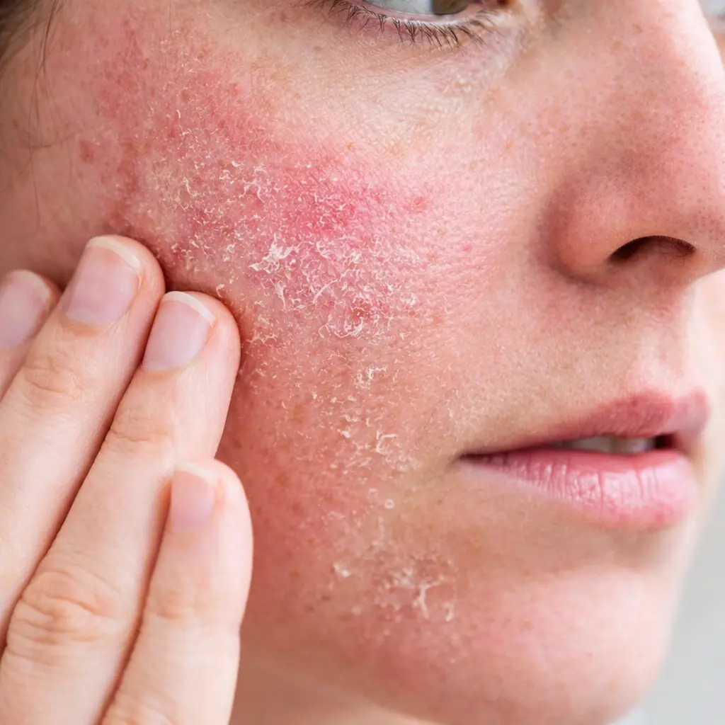 Close-up of facial skin showing redness, flaking, and irritation, a common sign of damaged skin barrier and impaired moisture retention.