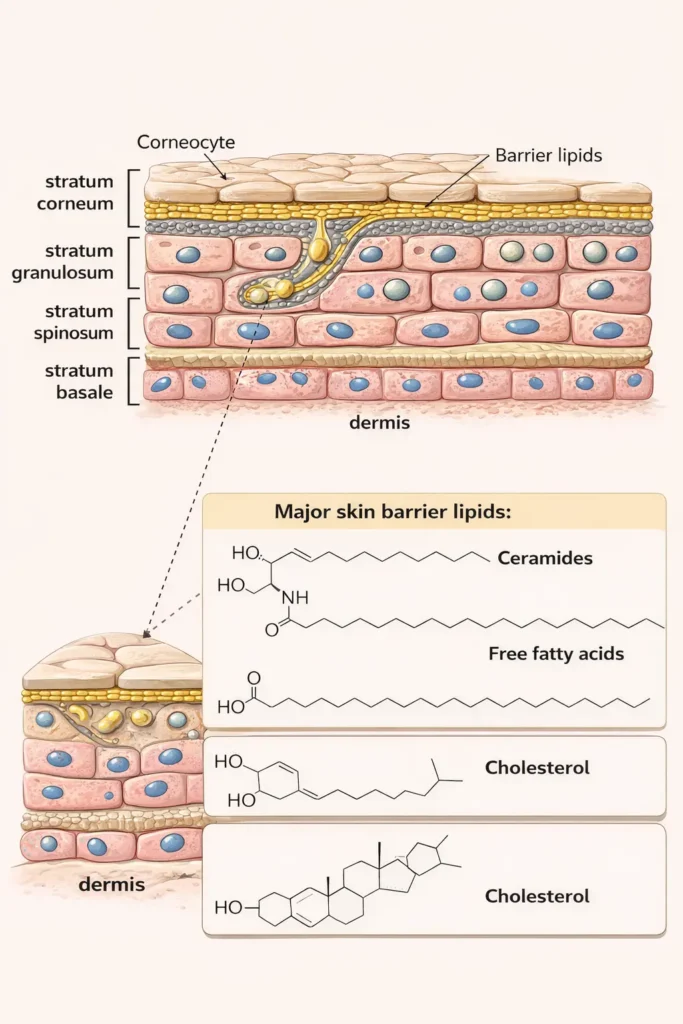 Illustrated diagram of the epidermal layers showing the stratum corneum, stratum granulosum, stratum spinosum, and stratum basale, highlighting corneocytes, barrier lipids, lamellar granules, and the role of ceramides, cholesterol, and free fatty acids in skin barrier function.
