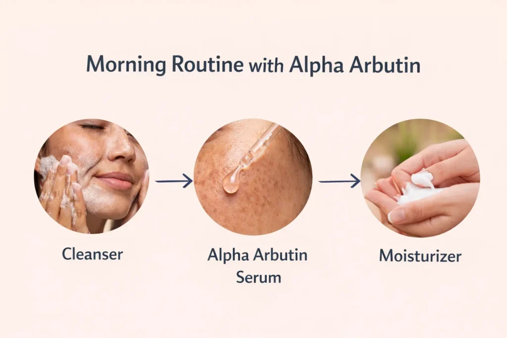 Illustrated skincare routine showing how to use alpha arbutin serum after cleansing and before moisturizer to help reduce melasma and hyperpigmentation.