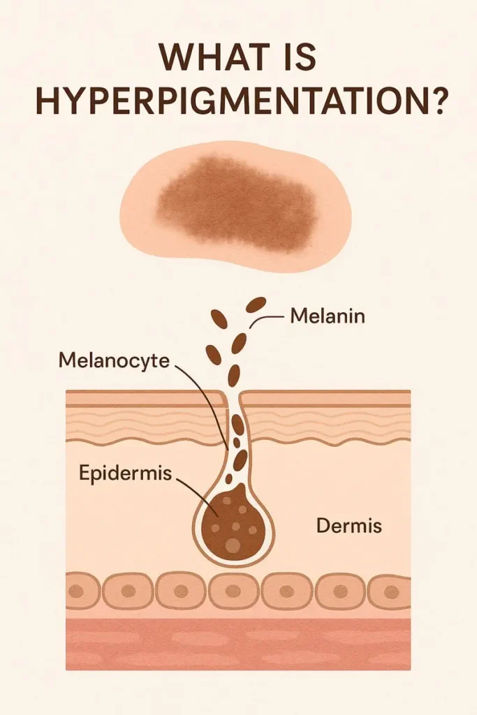 Medical illustration explaining hyperpigmentation, showing a dark skin patch above a cross-section of skin with a melanocyte releasing excess melanin into the epidermis and dermis.