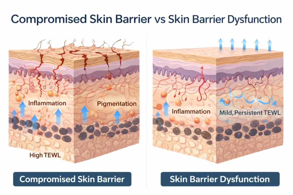 Illustration comparing a compromised skin barrier and skin barrier dysfunction, showing differences in inflammation, pigmentation activity, and transepidermal water loss despite an intact skin surface.