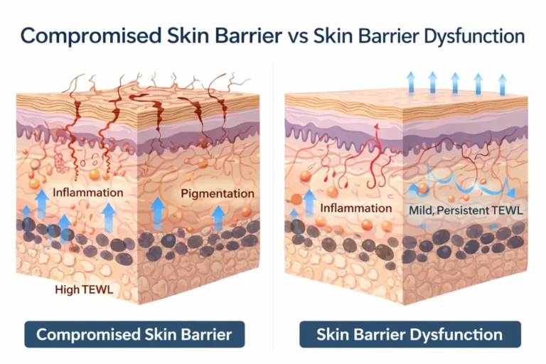 Illustration comparing a compromised skin barrier and skin barrier dysfunction, showing differences in inflammation, pigmentation activity, and transepidermal water loss despite an intact skin surface.