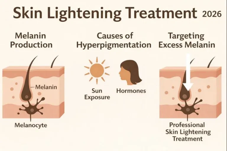 Skin lightening treatment infographic (2026) showing melanin production in skin, causes of hyperpigmentation like sun exposure and hormones, and professional treatments targeting excess melanin at the melanocyte level. Pigmentation Improves Slowly