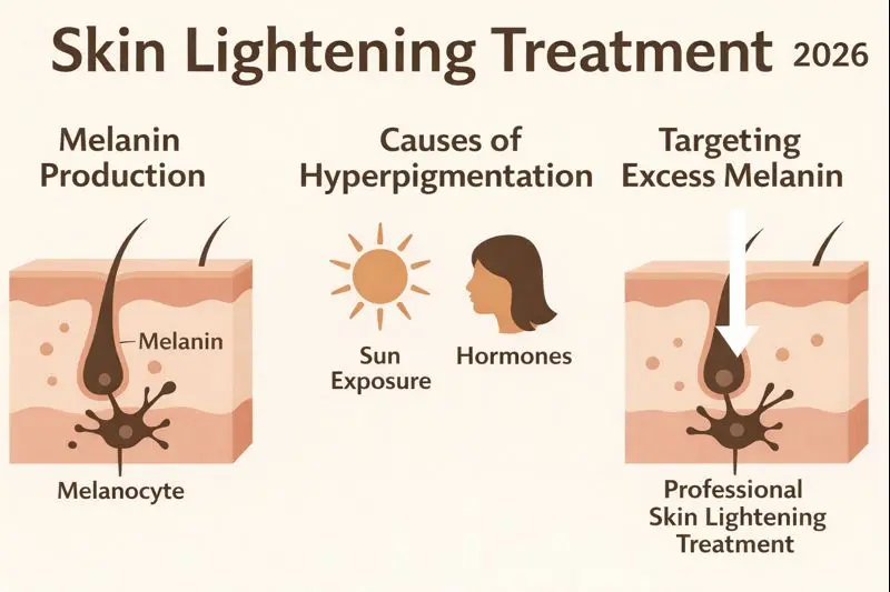 Skin lightening treatment infographic (2026) showing melanin production in skin, causes of hyperpigmentation like sun exposure and hormones, and professional treatments targeting excess melanin at the melanocyte level. Pigmentation Improves Slowly