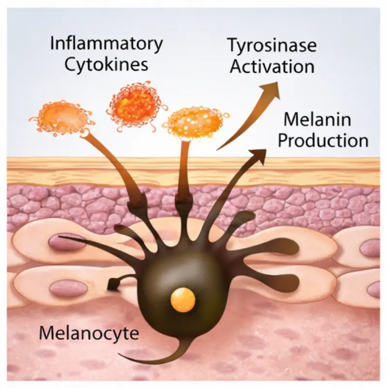 Melanocyte activation and melanin production pathway diagram. exosomes for pigmentation