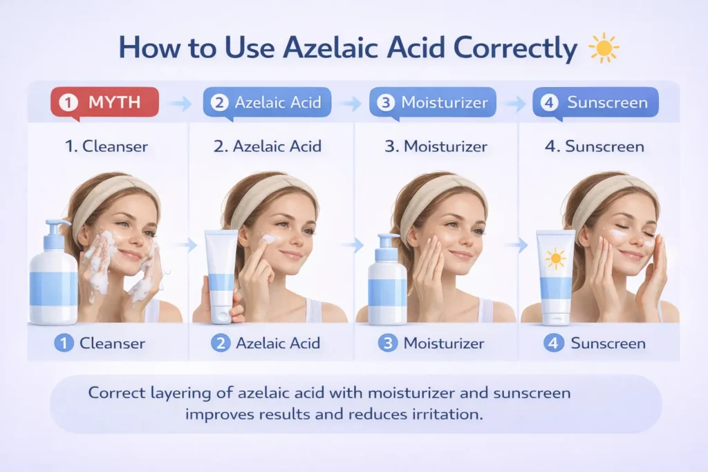 how to use azelaic acid skincare routine application steps morning night sunscreen moisturizer. generate image