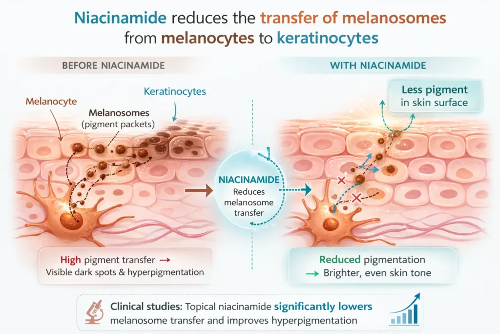 diagram showing how niacinamide reduces melanosome transfer from melanocytes to keratinocytes leading to less visible skin pigmentation and dark spots
