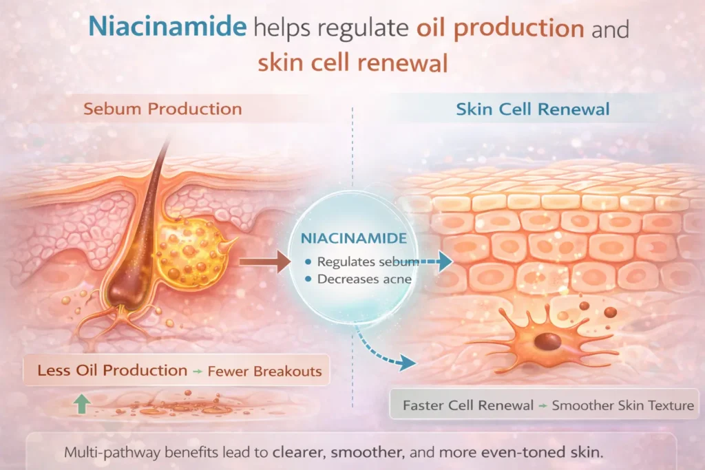 diagram showing how niacinamide regulates sebum production to reduce acne breakouts and supports skin cell renewal for smoother texture and more even skin tone