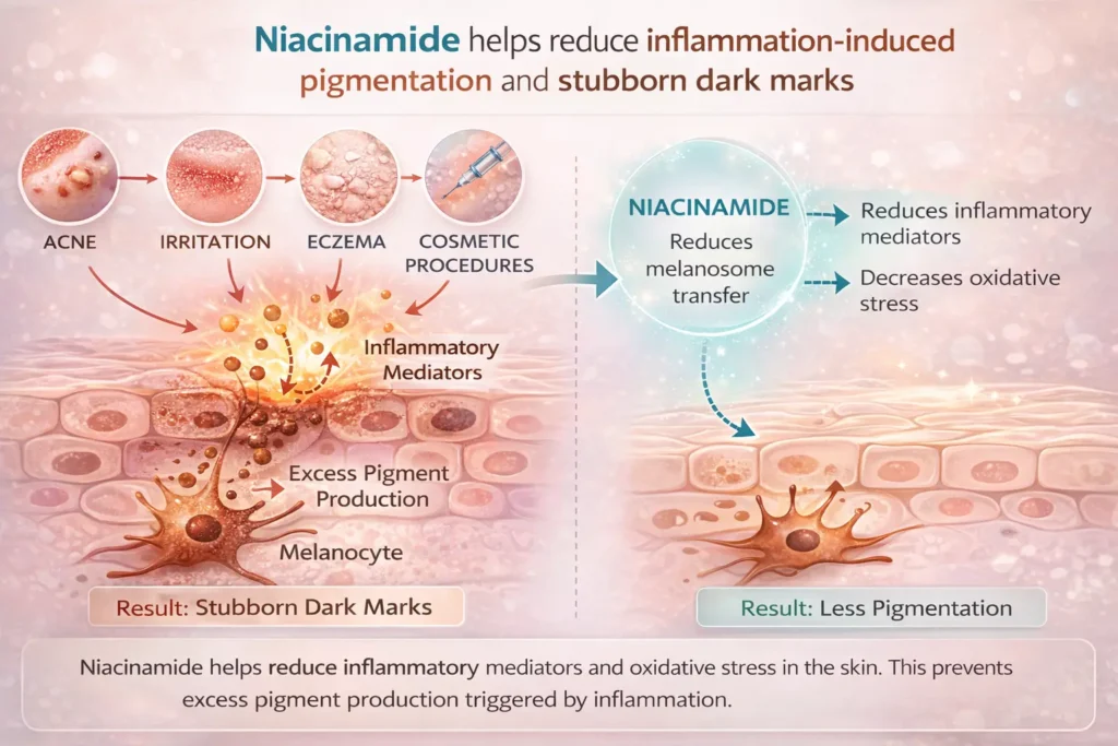 diagram showing how skin inflammation from acne irritation eczema and cosmetic procedures triggers melanocytes to produce excess pigment and how niacinamide reduces inflammatory signals to prevent post inflammatory hyperpigmentation