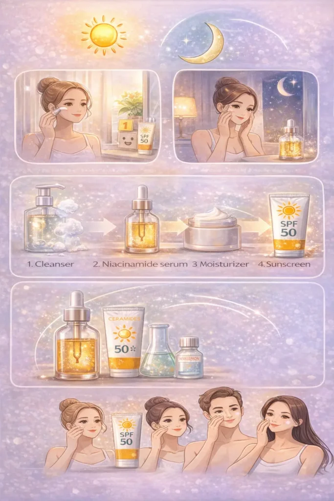 illustration showing skincare routine steps for pigmentation treatment including cleansing applying niacinamide serum moisturizing and using sunscreen with morning and night application scenes