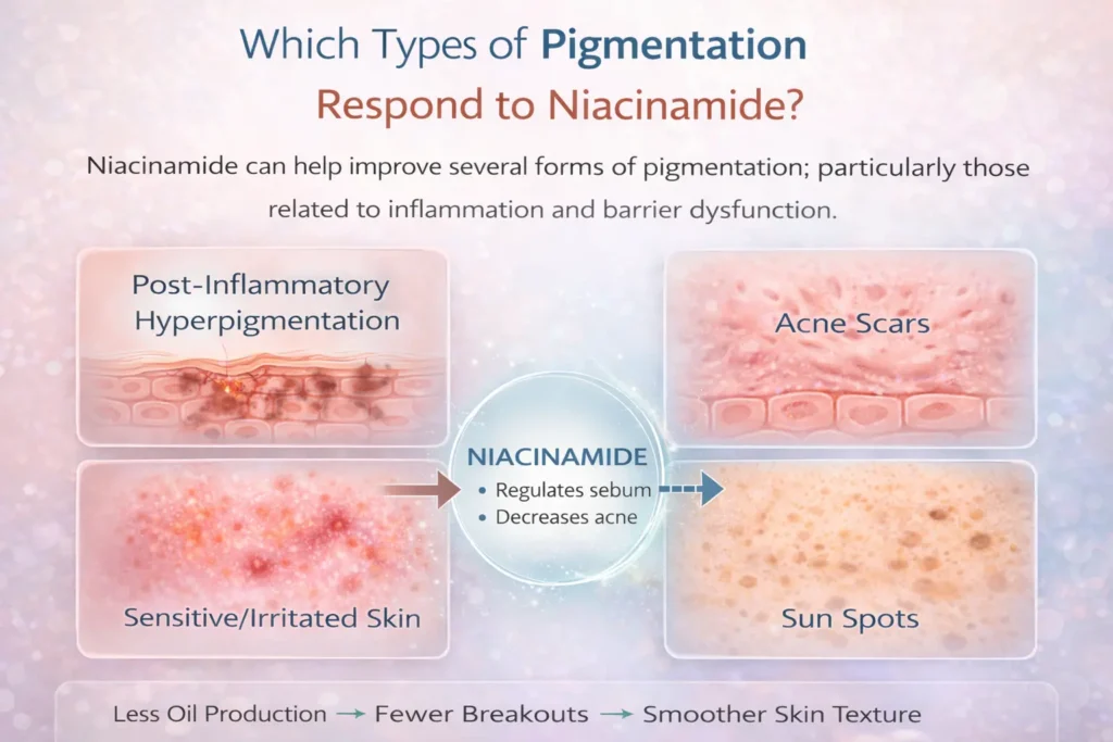 infographic showing types of pigmentation that respond to niacinamide including post inflammatory hyperpigmentation acne marks irritation related pigmentation and sun spots
