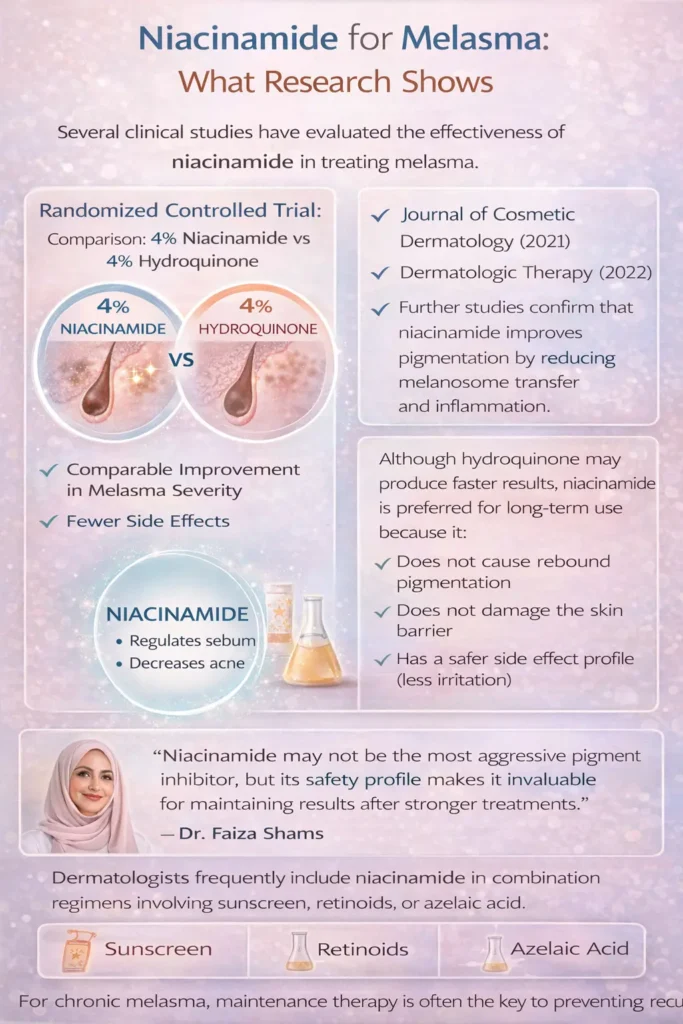 infographic summarizing research on niacinamide for melasma showing comparison with hydroquinone clinical study results reduced melanosome transfer fewer side effects and role in long term maintenance therapy