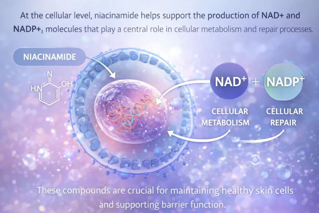 niacinamide cellular mechanism diagram showing vitamin B3 supporting NAD+ and NADP+ production for skin cell metabolism repair and barrier function