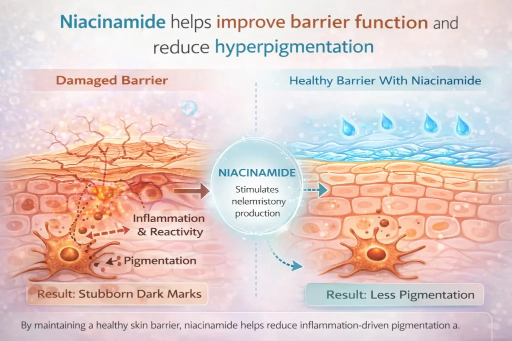 skin barrier diagram showing damaged barrier causing inflammation and pigmentation and how niacinamide increases ceramide production to strengthen the skin barrier and reduce inflammation-driven hyperpigmentation