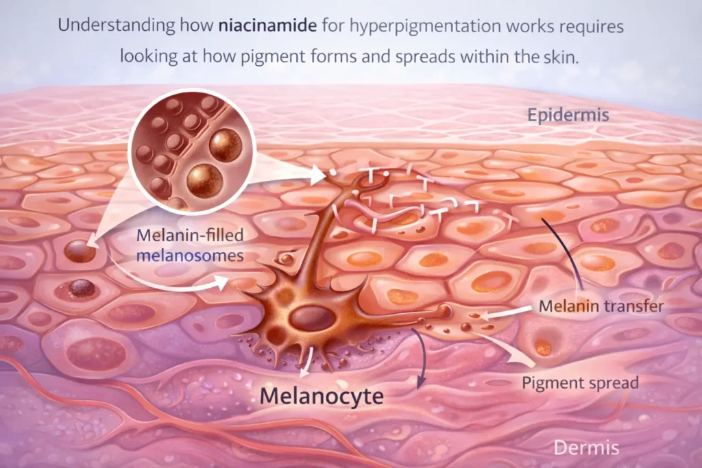 skin diagram showing melanocyte producing melanin and transferring melanosomes to keratinocytes illustrating how pigmentation forms and spreads in the epidermis
