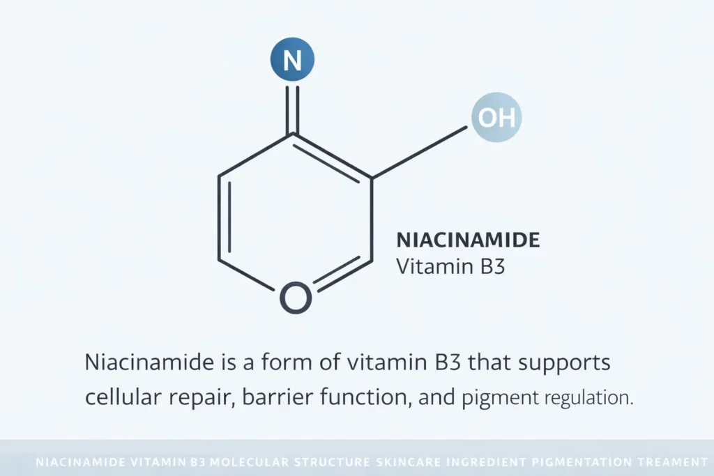 niacinamide vitamin b3 molecular structure skincare ingredient pigmentation treatment. generate