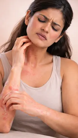 Woman scratching red, inflamed arm and neck showing irritant contact dermatitis vs skin allergy reaction