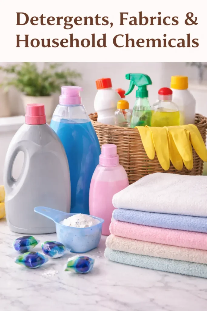 Laundry detergents, fabric softeners, and household cleaning products representing common triggers of skin allergy and contact dermatitis