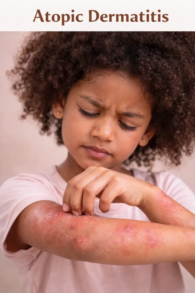 Child scratching dry, inflamed patches on arm showing atopic dermatitis (eczema) and chronic itchy skin condition