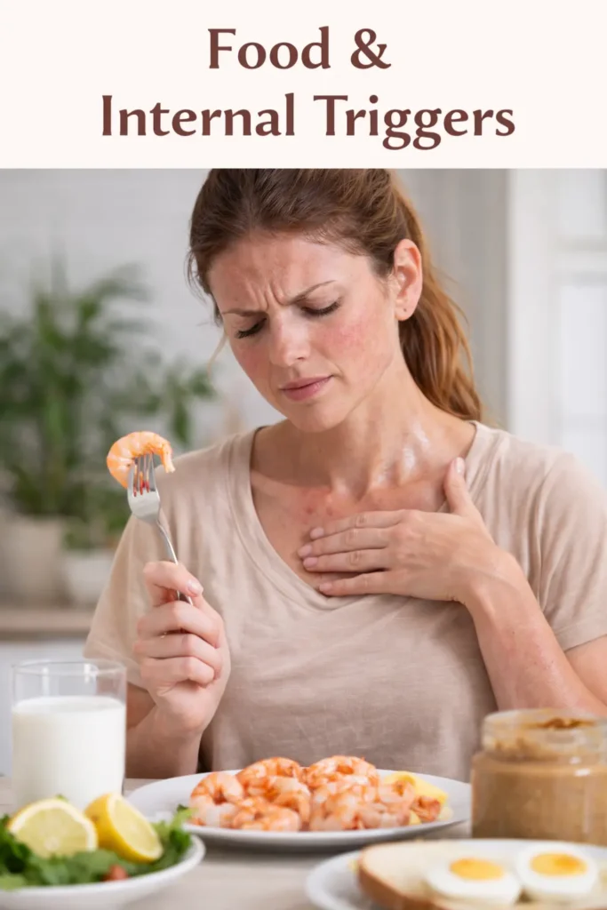 Woman experiencing allergic reaction after eating food, showing food allergy symptoms and skin rash triggered by internal allergens