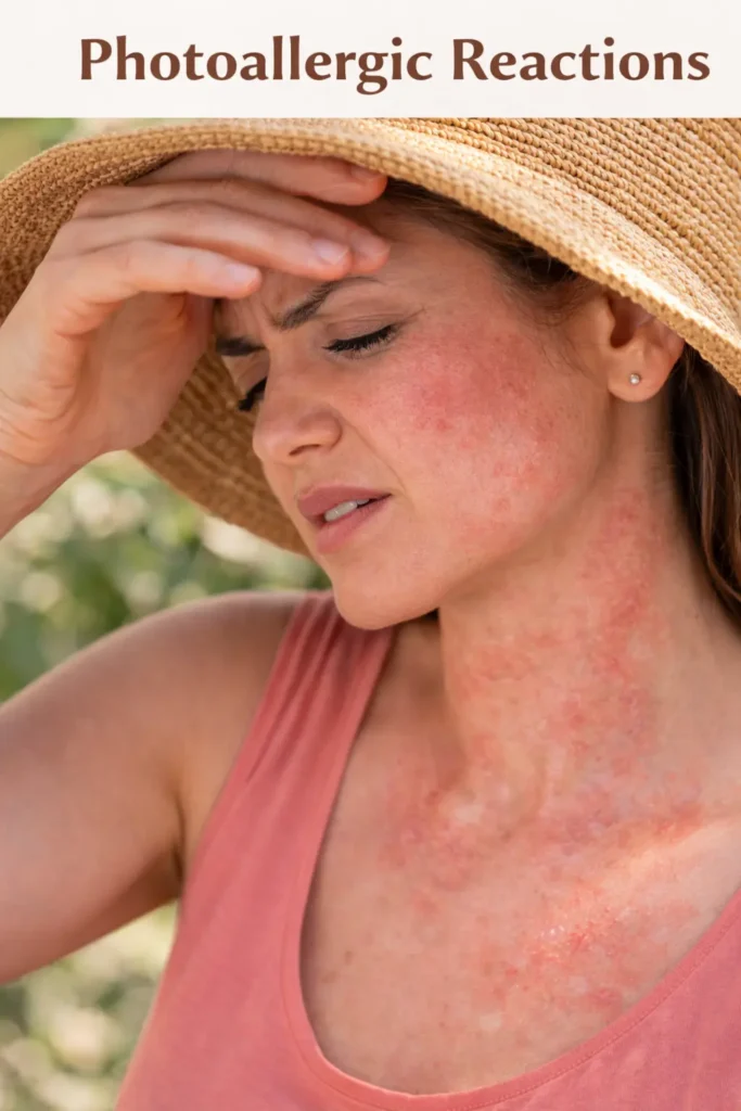 Woman with red, inflamed rash on sun-exposed face and neck showing photoallergic skin reaction and sunlight-induced allergy rash