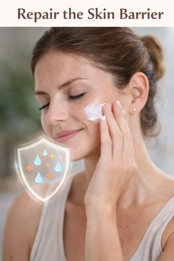 Woman applying moisturizer to face, illustrating skin barrier repair and hydration for damaged, sensitive skin